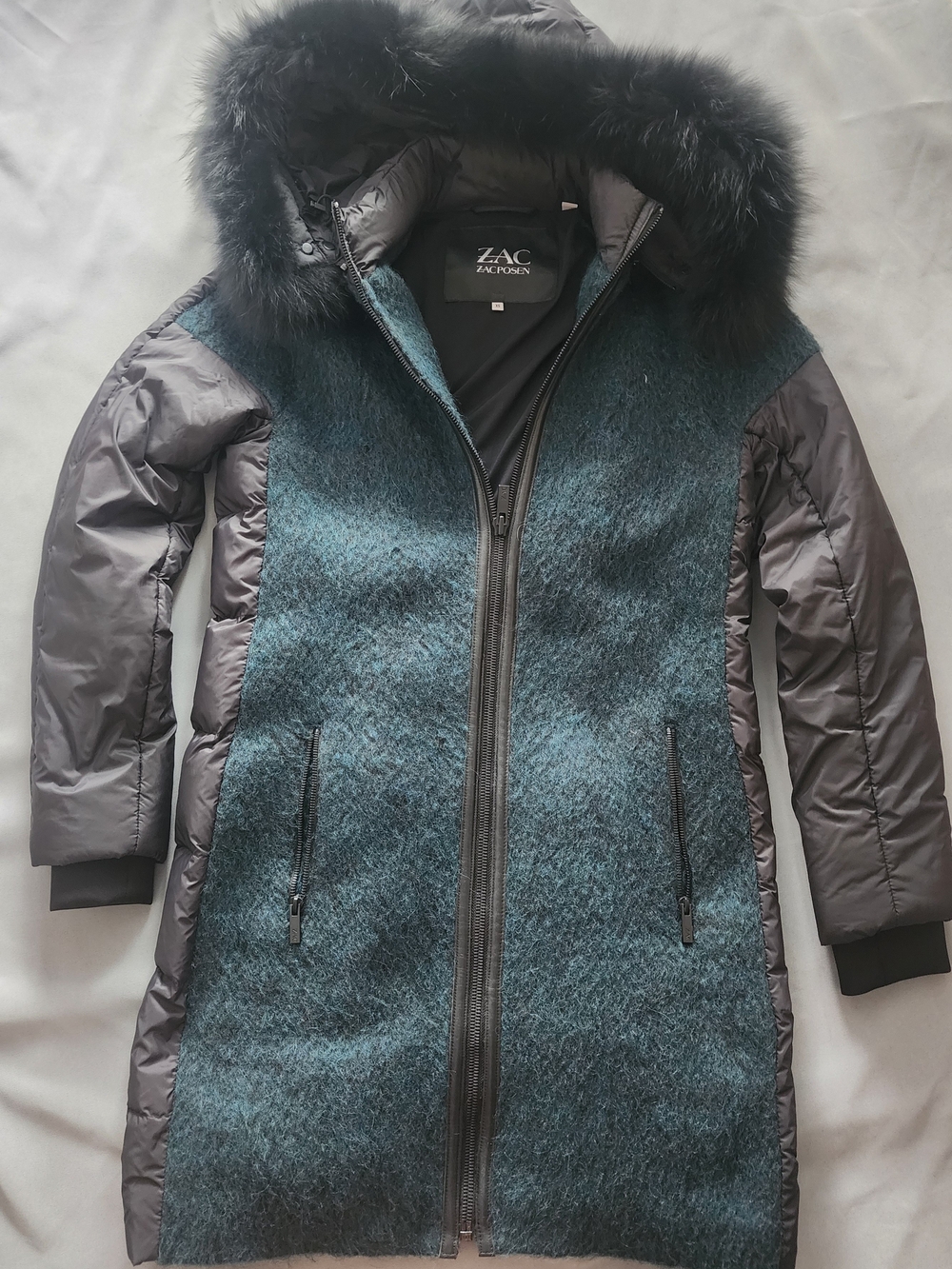 ZAC ZAC POSEN Teal Virgin Wool Alpaca 90% Down Winter Coat Fox Fur Hood XS